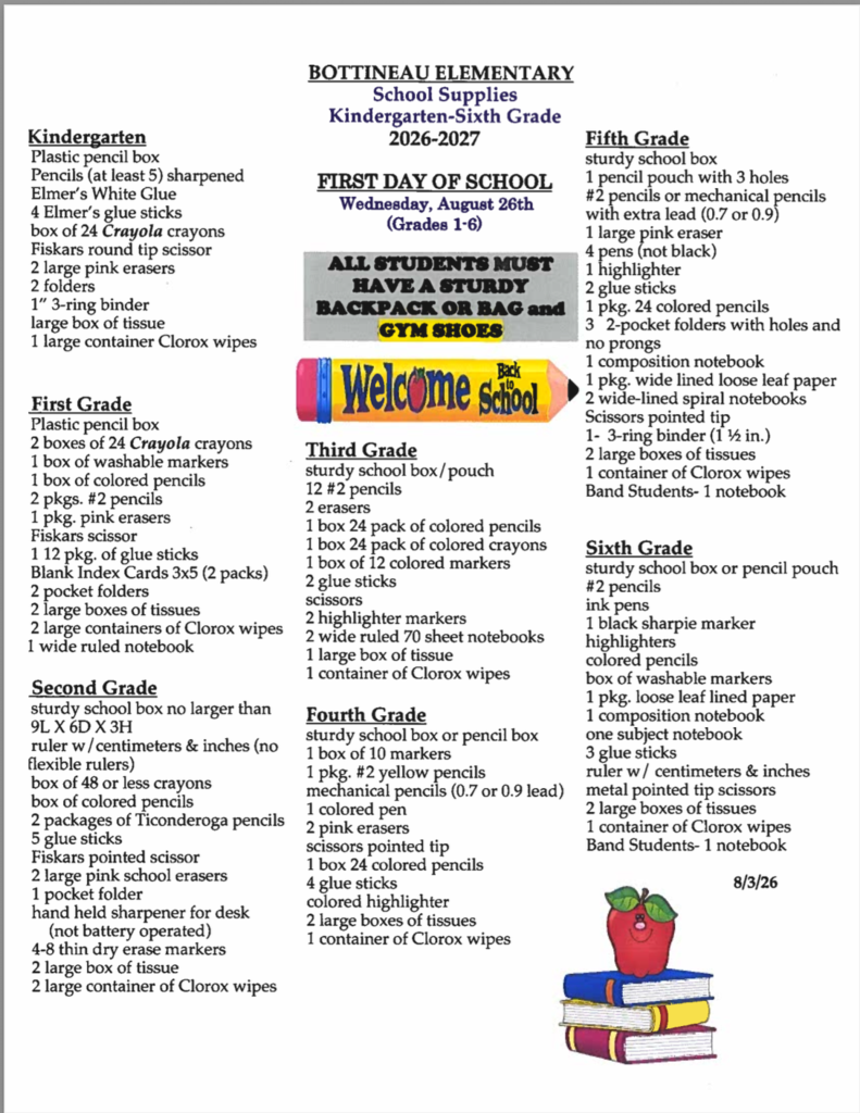 2026-27 Bottineau Elementary School Supply List