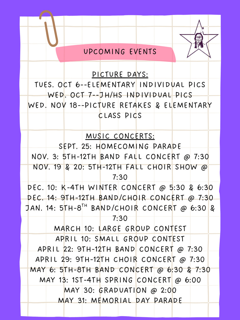 Important Dates--School Pictures and Music Concerts