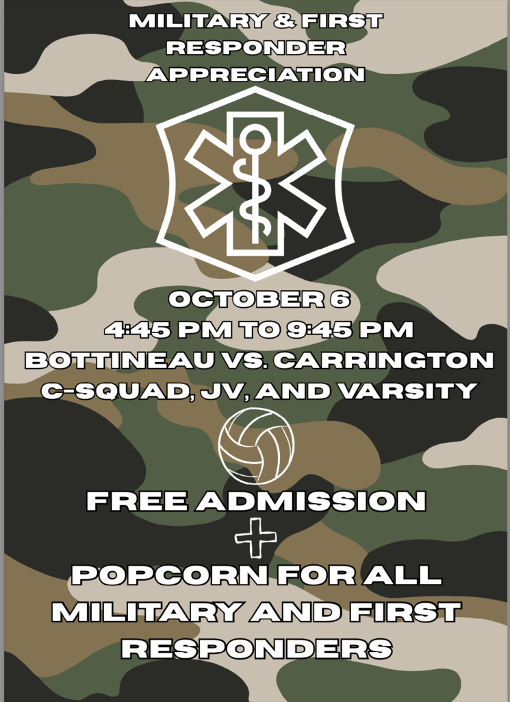 Military and First Responder Night @ VB game vs. Carrington on 10/6--free admission and popcorn for ALL military and first responders