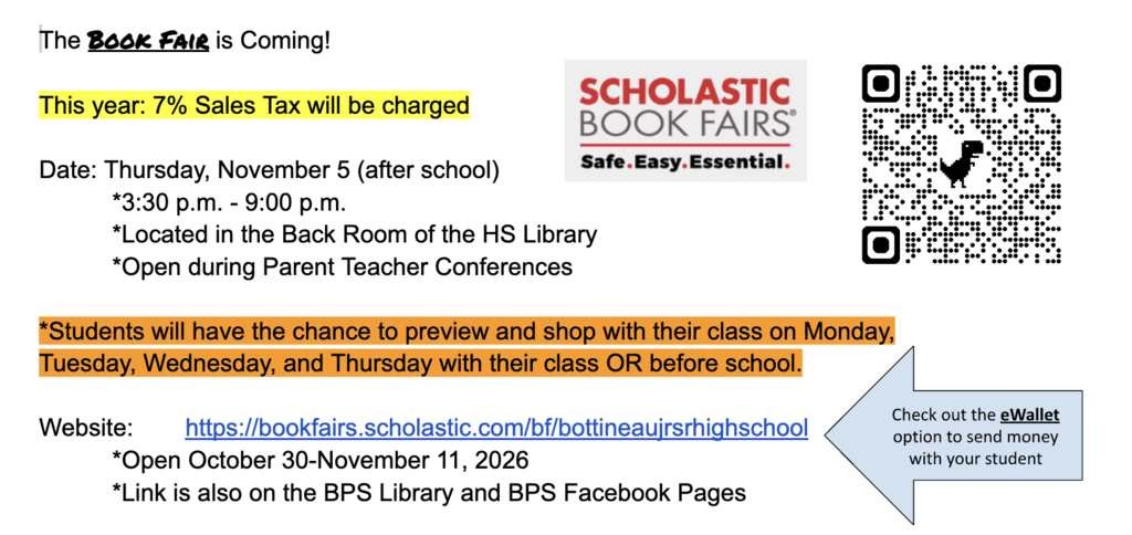 Fall Book Fair during PT Conferences on Thursday, Nov. 5 from 3:30-9:00 PM