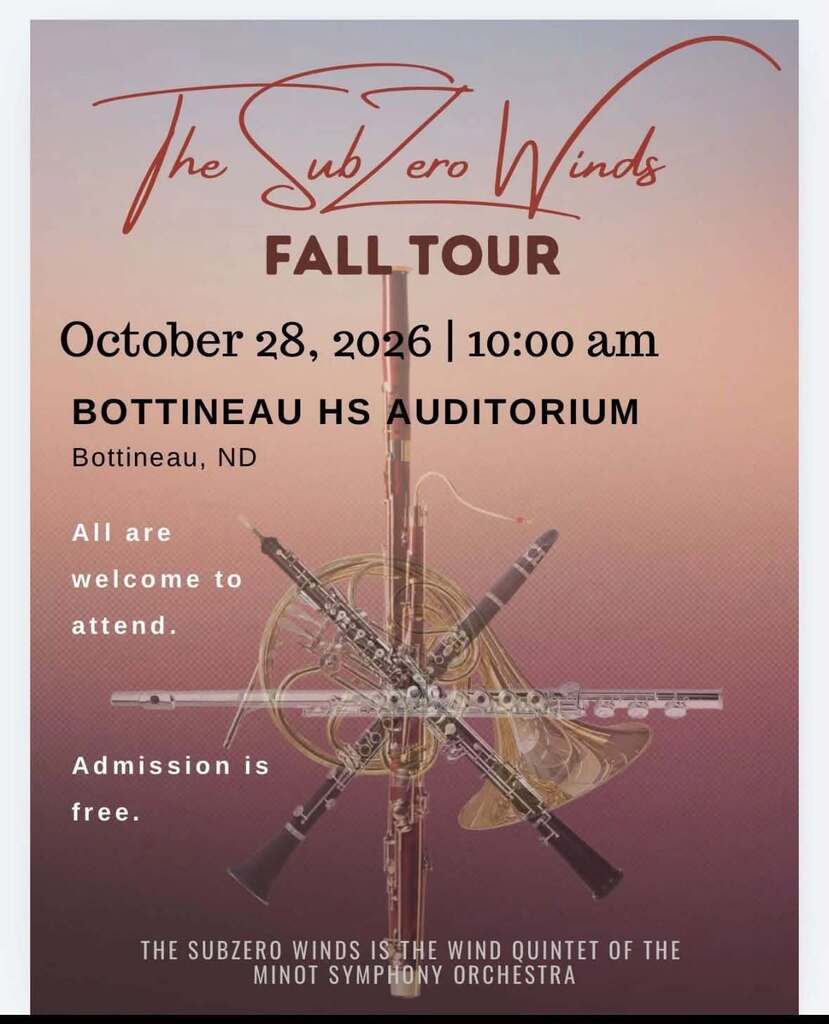 CANCELLED!! The Sub Zero Winds Fall Tour stop in Bottineau for Wed. Oct 28 has been CANCELLED due to illness. Please spread the word.