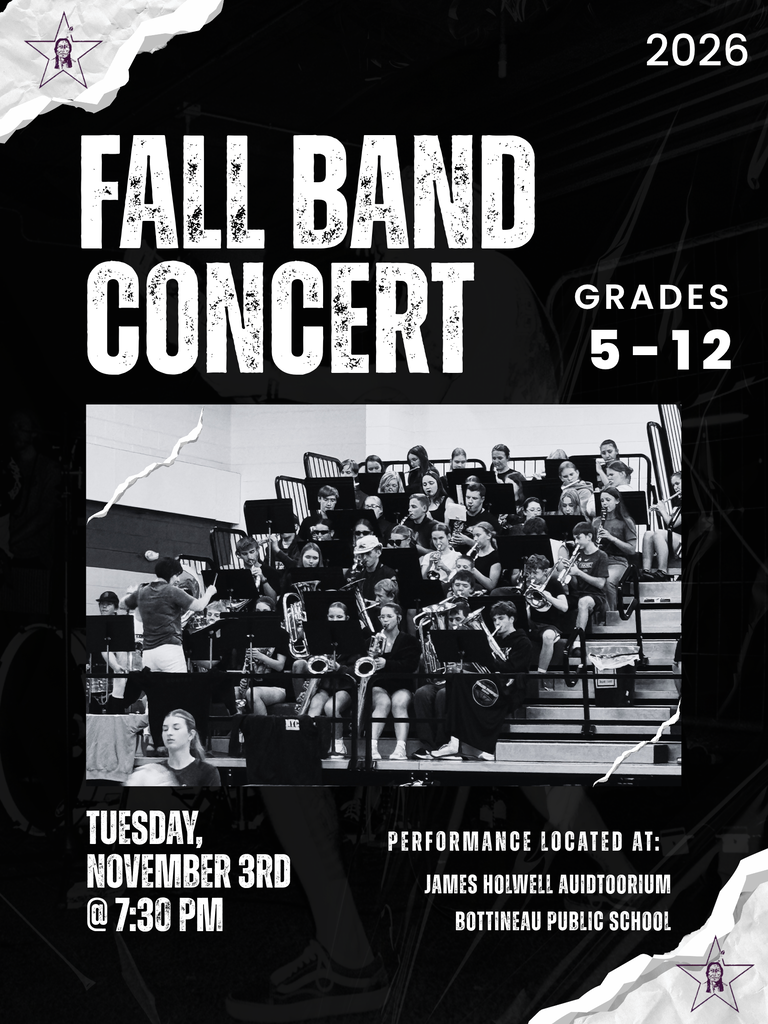 Fall Band Concert for Grades 5-12 is on Tuesday, November 3 @ 7:30 in the James Holwell Auditorium