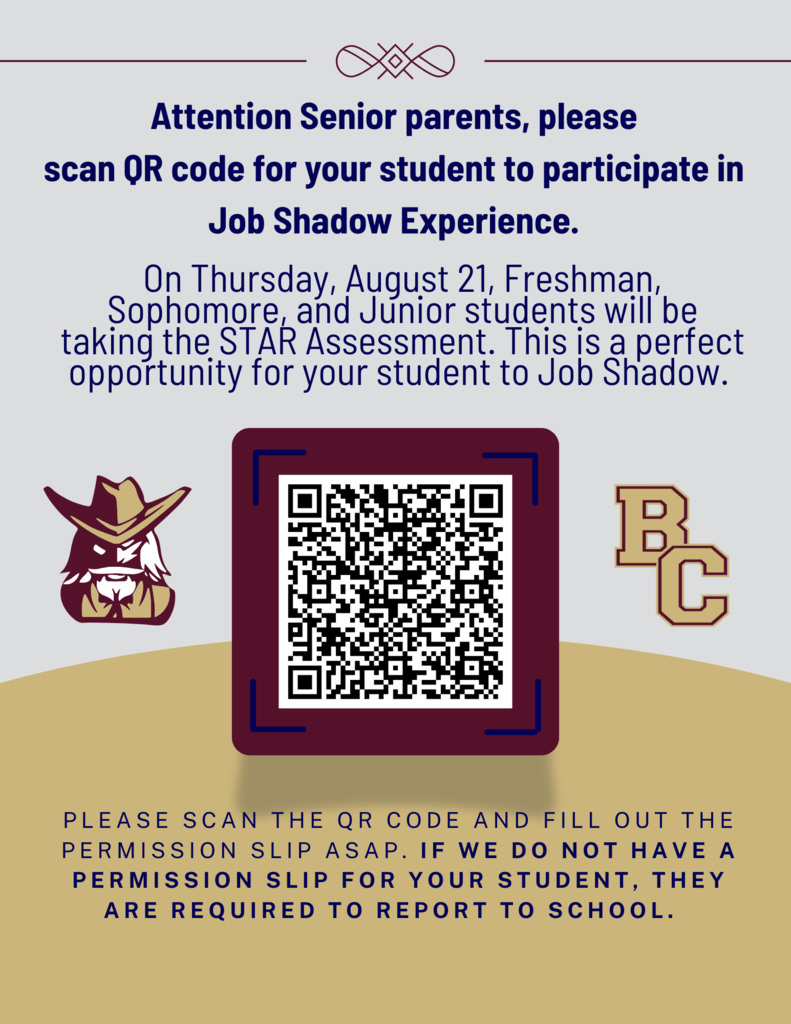 QR code flyer for seniors to Job Shadow on Thursday, August 21st. 
