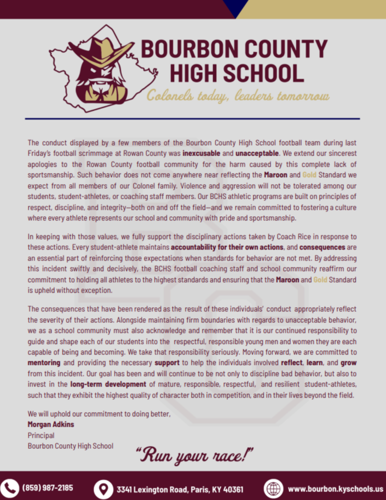 This image shows the statement released by Bourbon County High School regarding the incident that occurred at Friday's football scrimmage in Rowan County. 