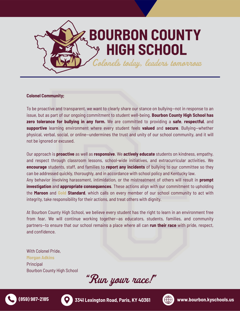 Bullying pledge from Bourbon County High School with a zero tolerance approach to bullying.
