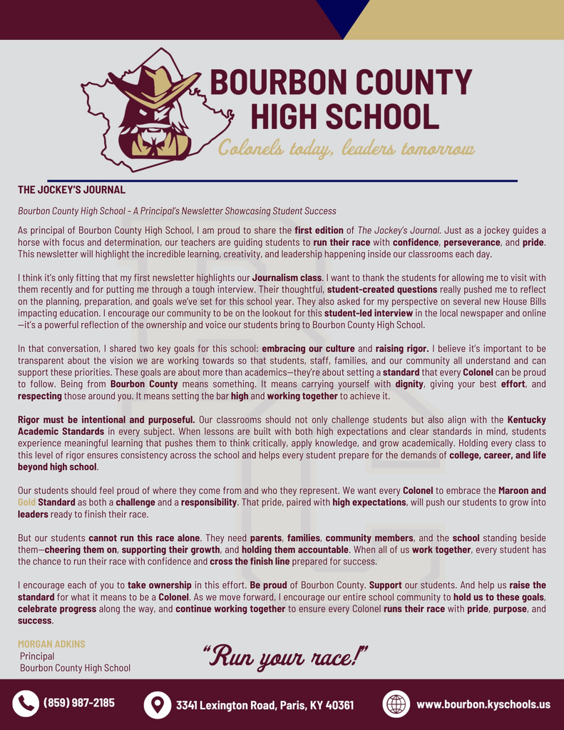 This shows an image of The Jockey's Journal-a principal's newsletter showcasing student success.