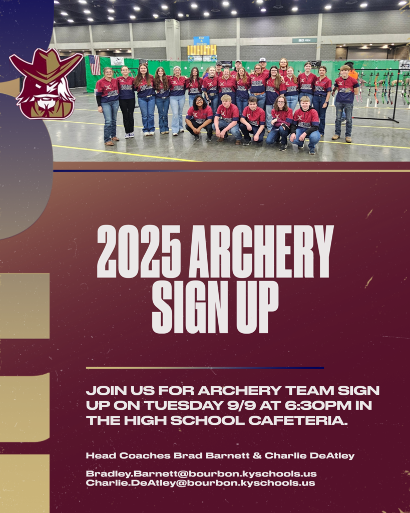 Graphic that reads 2025 Archery signups will be on Tuesday, September 9 at 6:30 in the high school cafeteria.