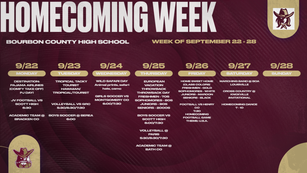 Graphic showing events for the Homecoming Week ; September 22nd through the 28th