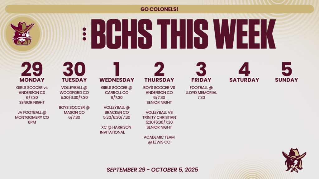 Graphic that shows events happening at BCHS the week of September 29th through October 5th.