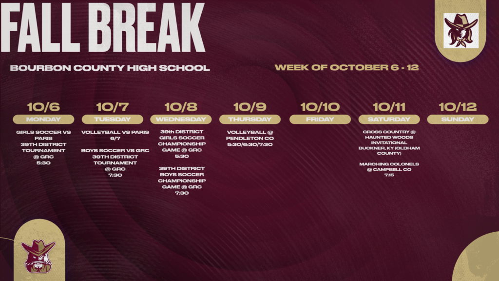 Graphic showing the weekly events for BCHS for October 6th through October 12th
