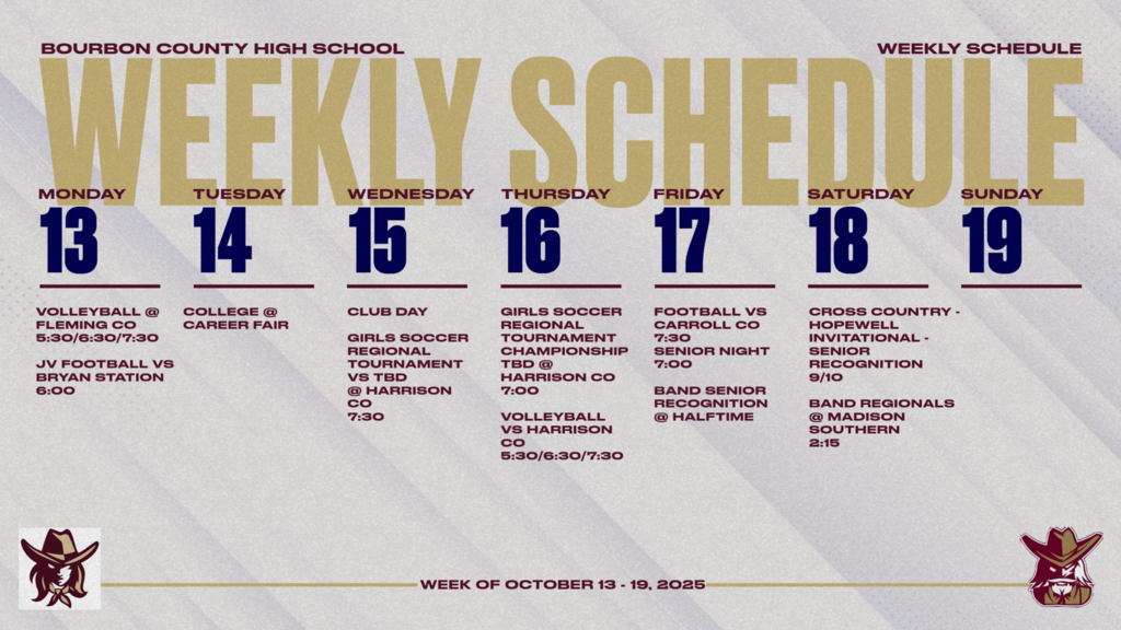 Graphic showing weekly events for October 13th through the 19th.
