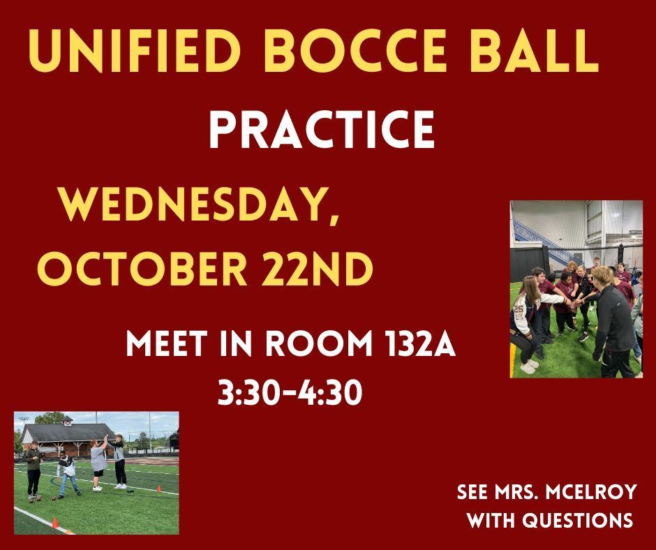 Graphic for Bocce Ball Practice on Wednesday, October 22nd from 3:30-4:30.