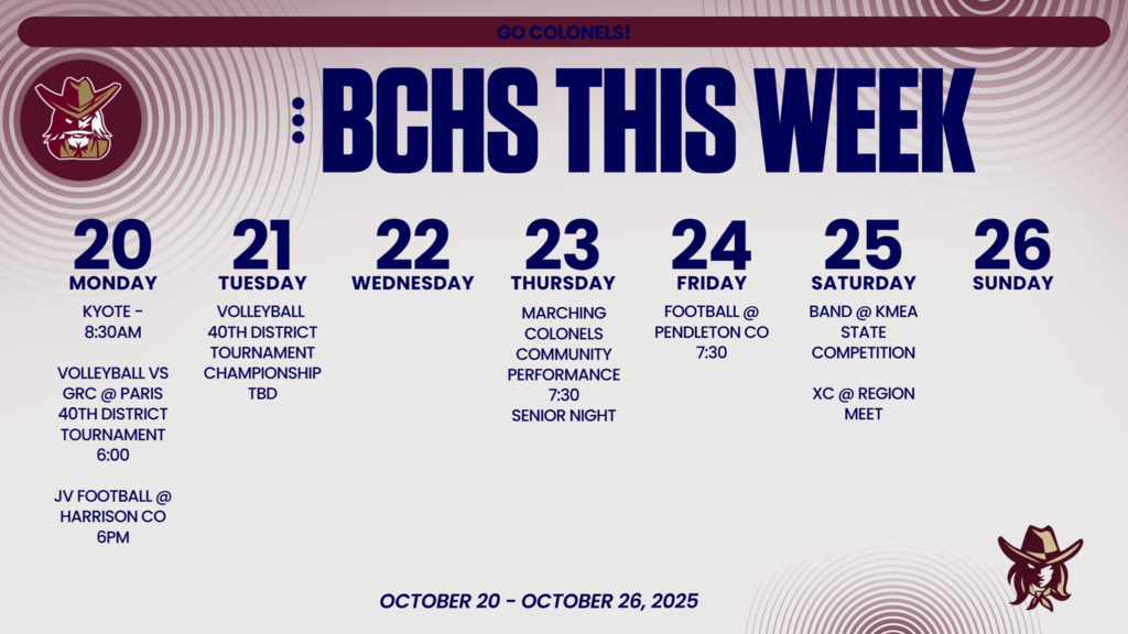 Graphic for weekly events at BCHS for October 20th through October 26th