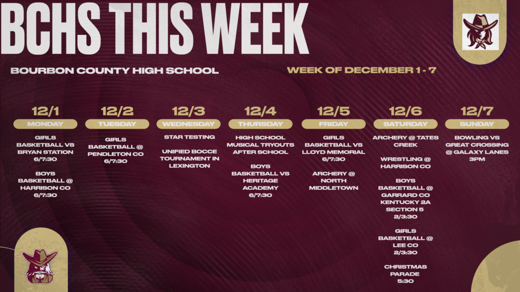 Graphic showing this week's events at BCHS.