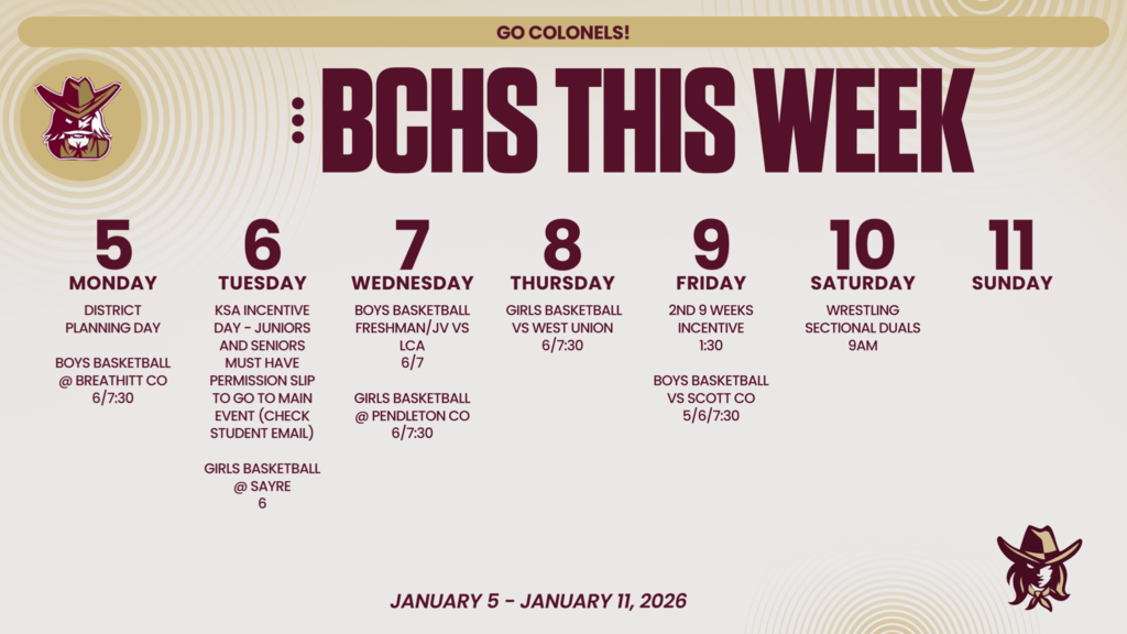 Graphic showing events for the week of January 5th through the 11th.