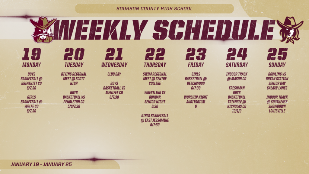 Graphic showing weekly events for January 19th through the 25th.