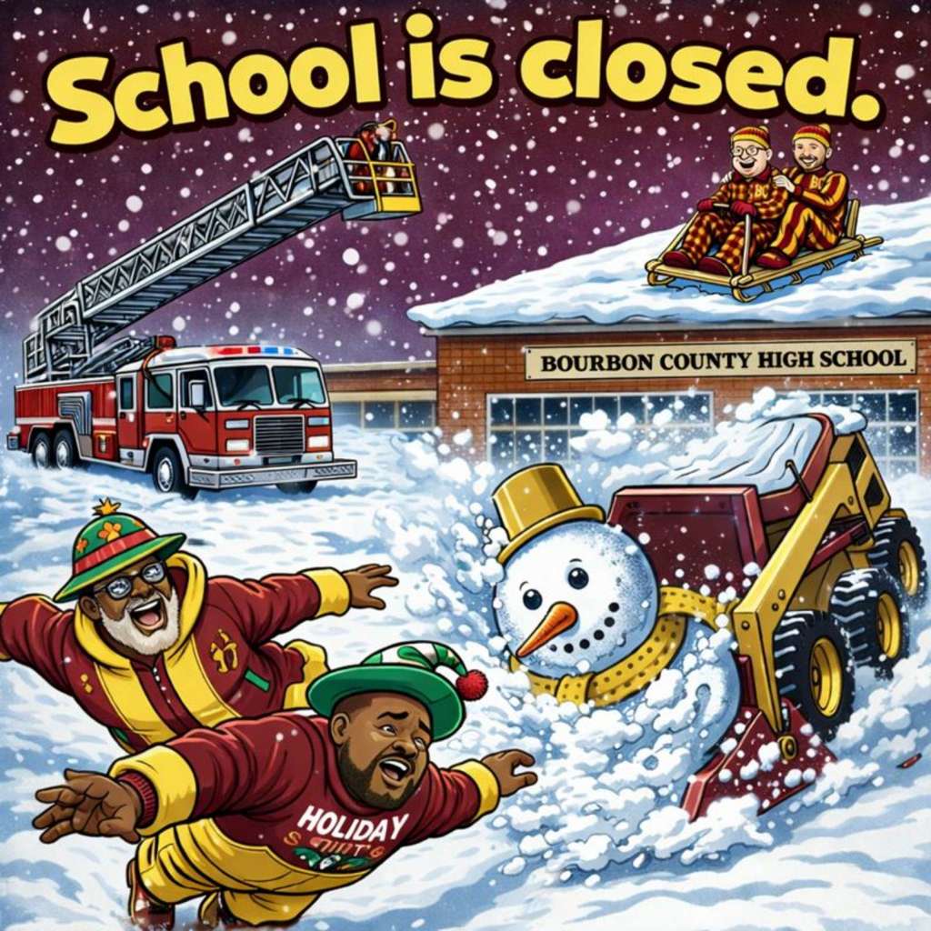This image is a funny cartoon graphic that shows chaos at Bourbon County High School with the message that school is closed. 