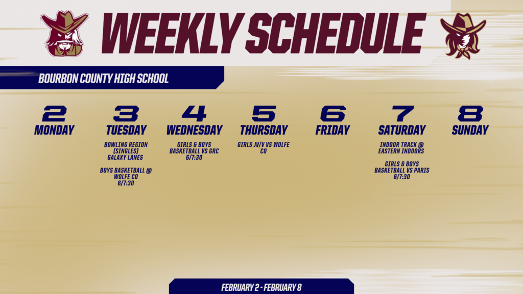 Graphic showing weekly events for 2/2 through 2/8.