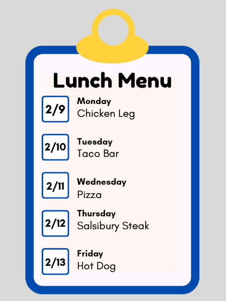 Updated Menu for the Week of Feb. 9th