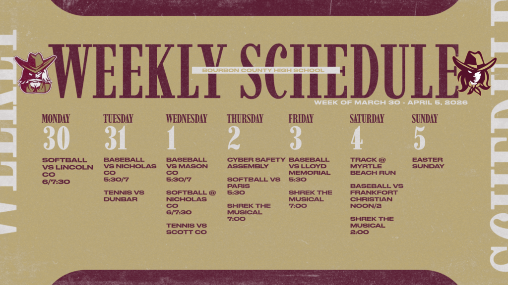 Graphic showing events at BCHS for March 30th through April 5th.