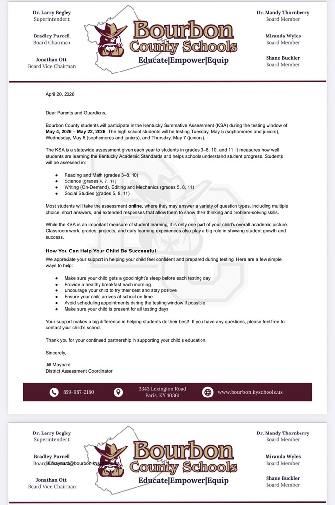 KSA testing May 5-7 for all sophomores and juniors.