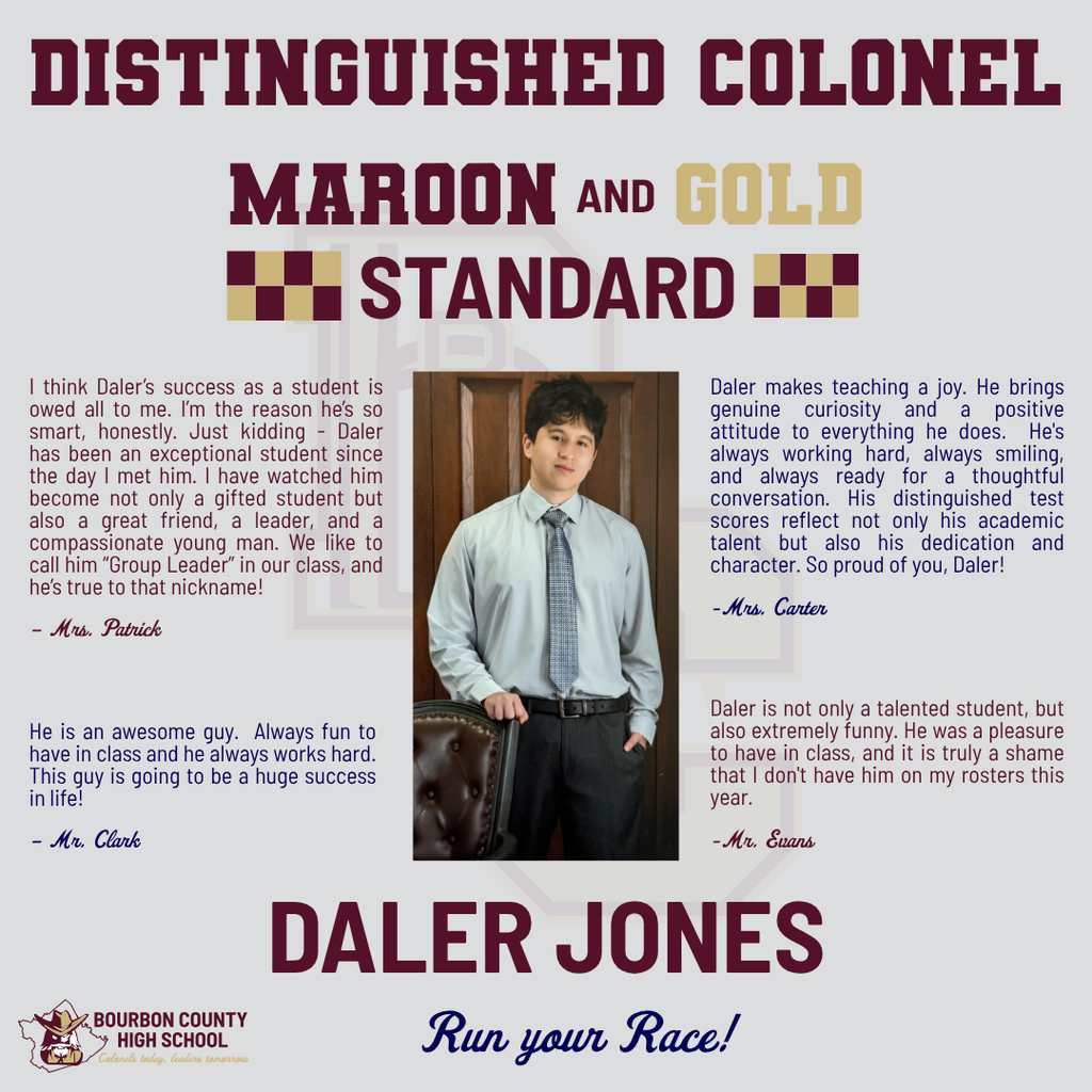 This is a graphic that recognizes Daler Jones as a Distinguished Colonel on the 2025 Kentucky State Assessments.