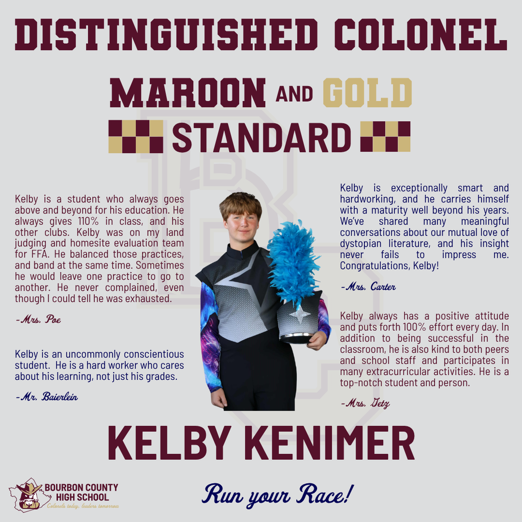 This graphic recognizes Kelby Kenimer as a Distinguished Colonel on the 2025 Kentucky State Assessments.