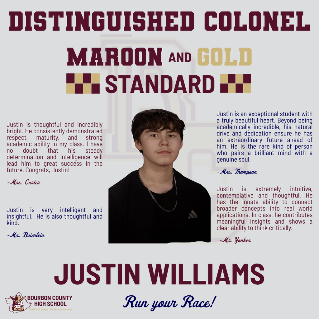 This graphic recognizes Justin Williams as a Distinguished Colonel on the 2025 Kentucky State Assessments.