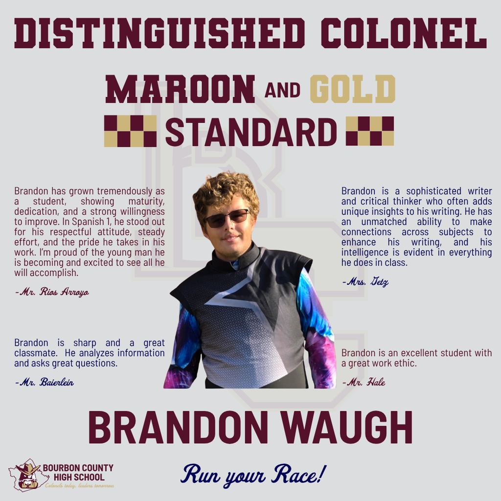 This graphic recognizes Brandon Waugh as a Distinguished Colonel on the 2025 Kentucky State Assessments.