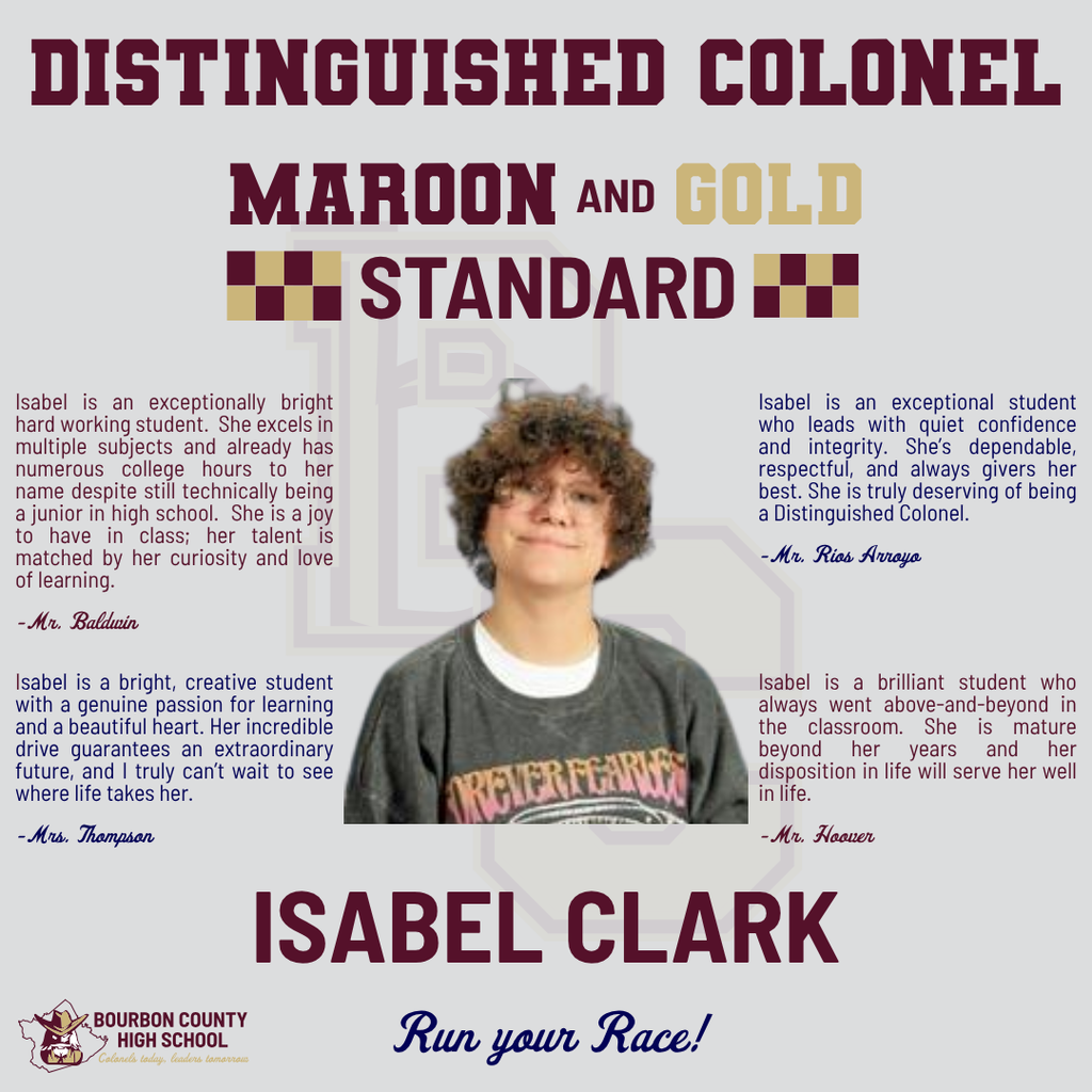 This graphic recognizes Isabel Clark as a Distinguished Colonel on the 2025 Kentucky State Assessments.