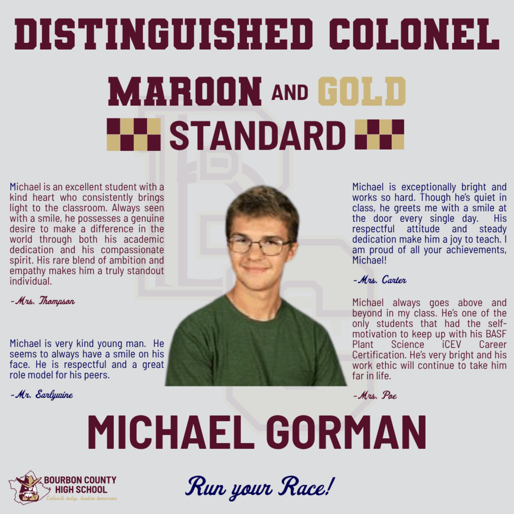 This graphic recognizes Michael Gorman as a Distinguished Colonel on the 2025 Kentucky State Assessments.