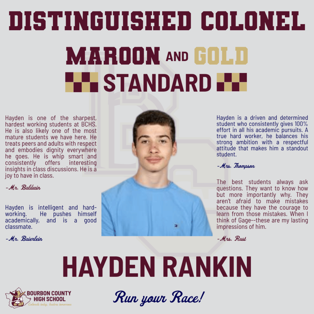 This graphic recognizes Hayden Rankin as a Distinguished Colonel on the 2025 Kentucky State Assessments.
