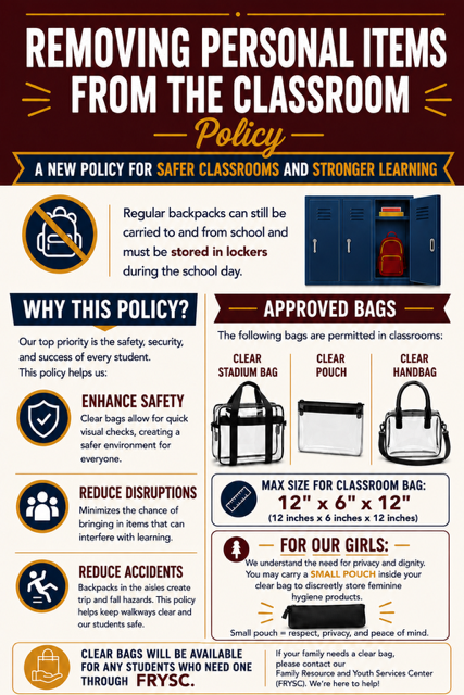 Infographic titled "Removing Personal Items from the Classroom Policy." The graphic explains a new school policy requiring students to keep backpacks and other personal items in lockers during the school day. A blue banner reads, "A New Policy for Safer Classrooms and Stronger Learning." The poster states that regular backpacks may be carried to and from school but must be stored in lockers during the school day. It explains that the policy is intended to enhance safety, reduce classroom disruptions, and reduce trip-and-fall accidents. Approved classroom bags include a clear stadium bag, clear pouch, or clear handbag, with a maximum size of 12 inches by 6 inches by 12 inches. A section for girls notes that a small pouch may be carried inside a clear bag to discreetly store feminine hygiene products. The bottom of the graphic states that clear bags are available through the Family Resource and Youth Services Center (FRYSC) for any student who needs one and encourages families to contact FRYSC for assistance. Icons throughout the graphic depict a prohibited backpack, lockers, approved clear bags, safety, students, trip hazards, and a small pouch.