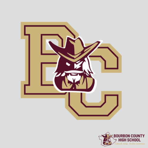 Bourbon County High School logo featuring large interlocking gold-and-maroon “BC” letters with the Colonel mascot centered in front. The background is light gray, with the Bourbon County High School logo and “Colonels Today, Leaders Tomorrow” in the bottom right corner.