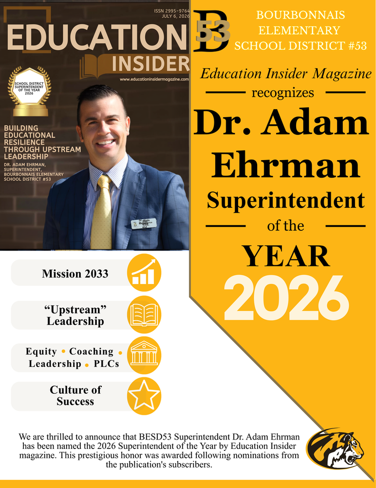 FLyer showing Dr. Adam Ehrman as superintendent of the year