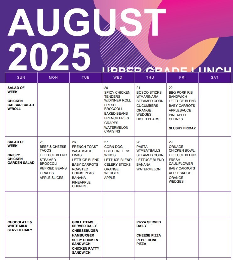 BUGC  August Lunch Menu 