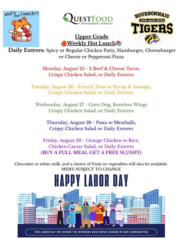 BUGC Lunch Menu 8/25-8/29