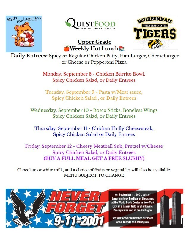 BUGC Lunch Menu for 9/8-9/12