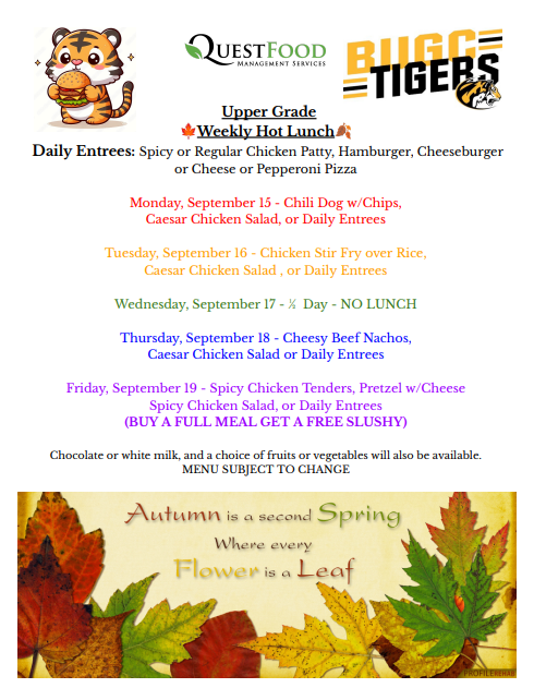 BUGC Lunch Menu for 9/15-9/19
