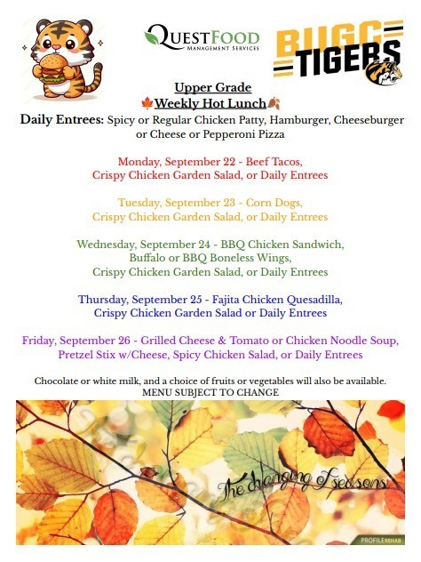 BUGC Lunch Menu for 9/22-9/26