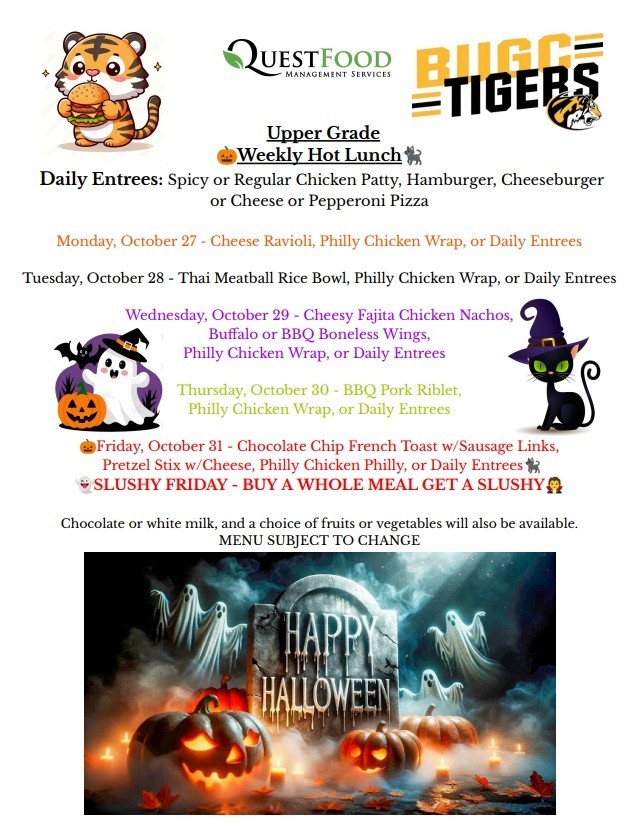 Lunch menu for October 27-31, 2025