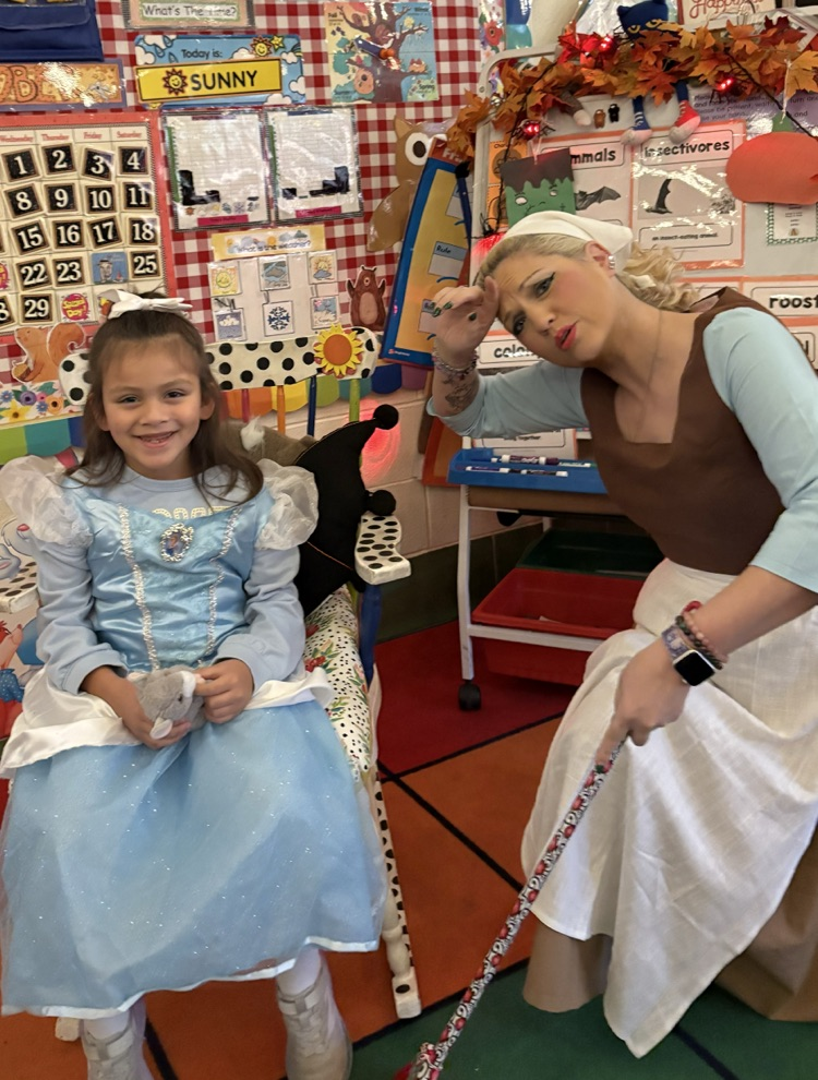 student as Cinderella at the ball and Mrs Studebaker as Cinderella at home 