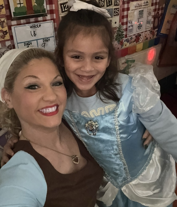 student as Cinderella at the ball and Mrs Studebaker as Cinderella at home 