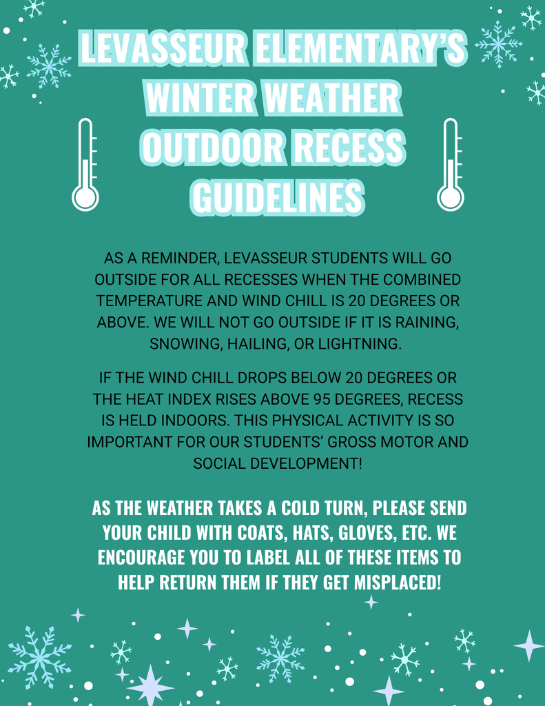 Please note as the temperature drops, send your students with appropriate outerwear to keep them warm at recess!