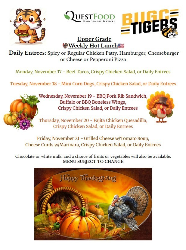 Lunch menu for November 17-21, 2025