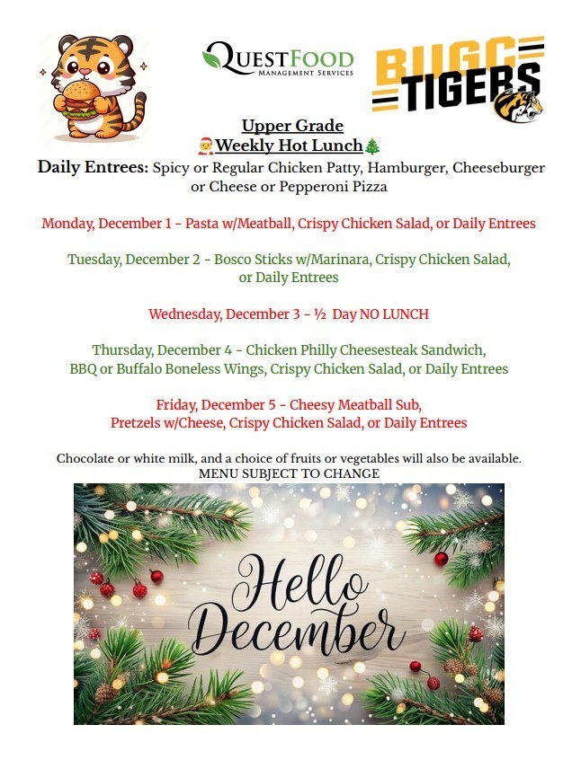 Lunch menu for December 1-5, 2025