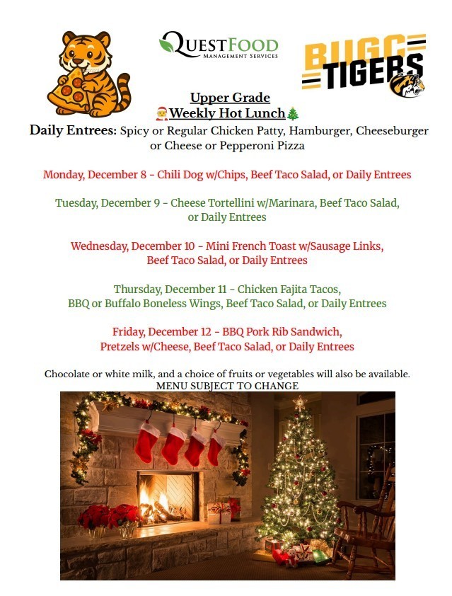 BUGC Lunch menu for December 8-12, 2025.