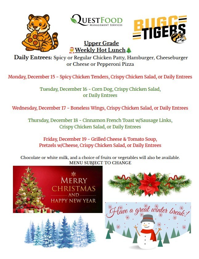BUGC Lunch menu for December 15 - 19, 2025