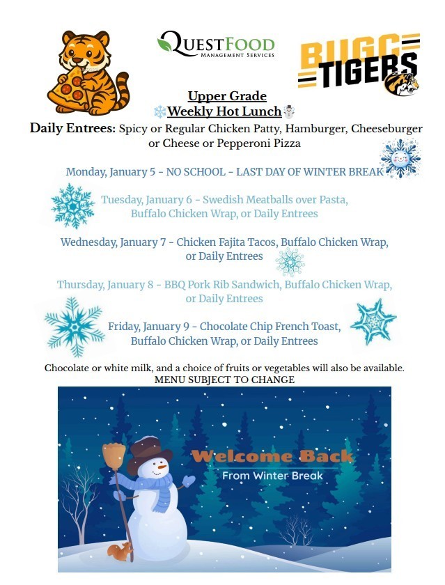 BUGC Lunch menu for January 5-January 9, 2026