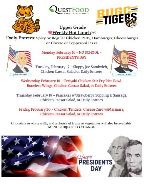 BUGC Lunch Menu for 2/16-2/20